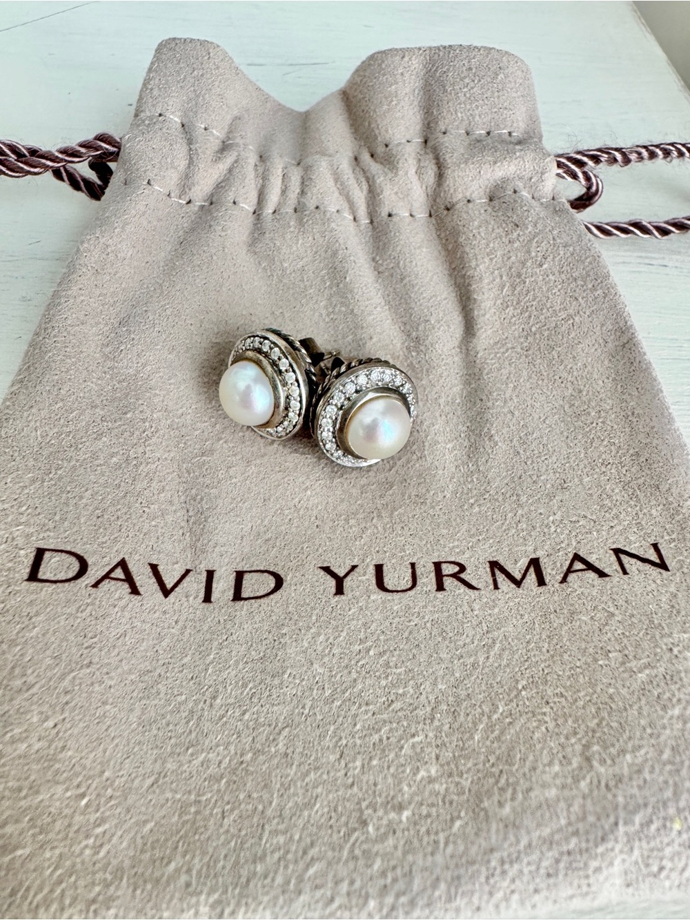 David Yurman Sterling Silver Pearl and Diamond Halo Stud Earrings - White